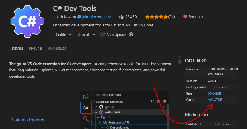 Click the Cache link in the Installation panel